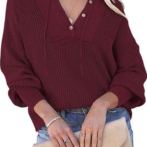 Women Hoodies Sweater Casual V Neck Button